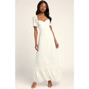 Lulus NWOT Tailor Made For You White Jacquard Lace-Up Burnout Floral Maxi Dress